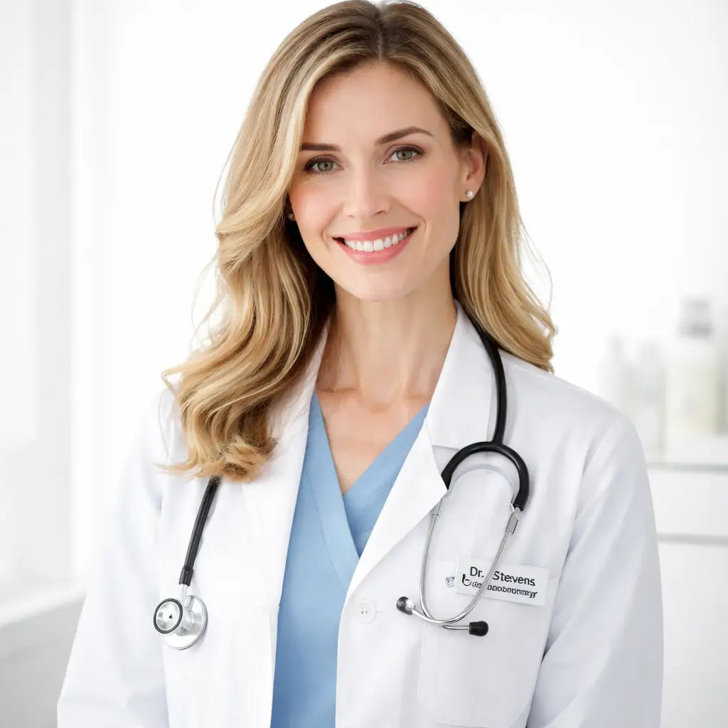Doctor wearing a white coat with a stethoscope, smiling against a light background