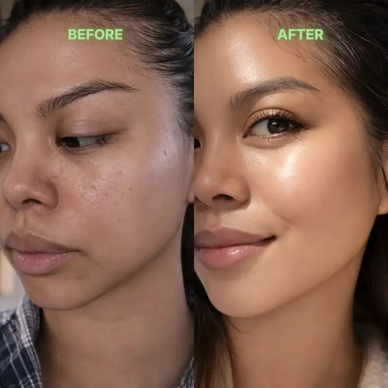 Before and after comparison of a woman's face after using green tea stick mask.