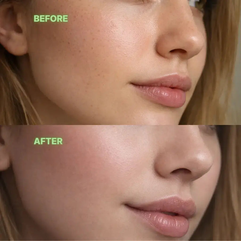 Before and after comparison of a woman's face after using Alvera green tea stick mask.