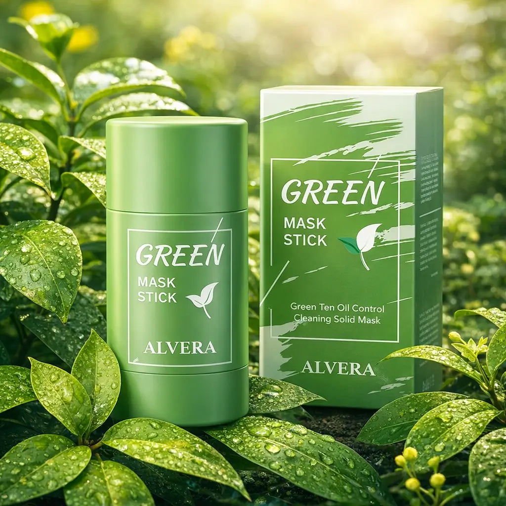 Green Alvera mask stick and packaging on a natural background