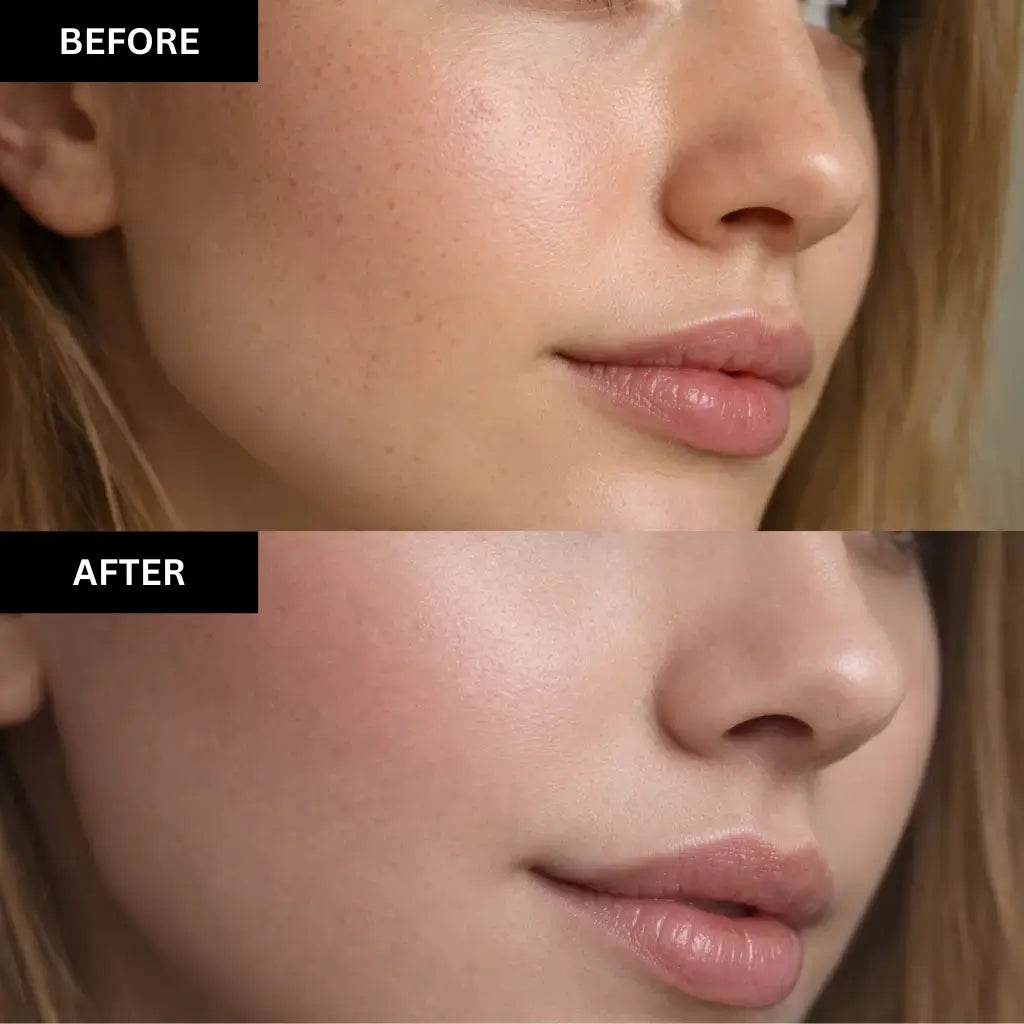 Before and after comparison of a woman's face with visible skin improvement.