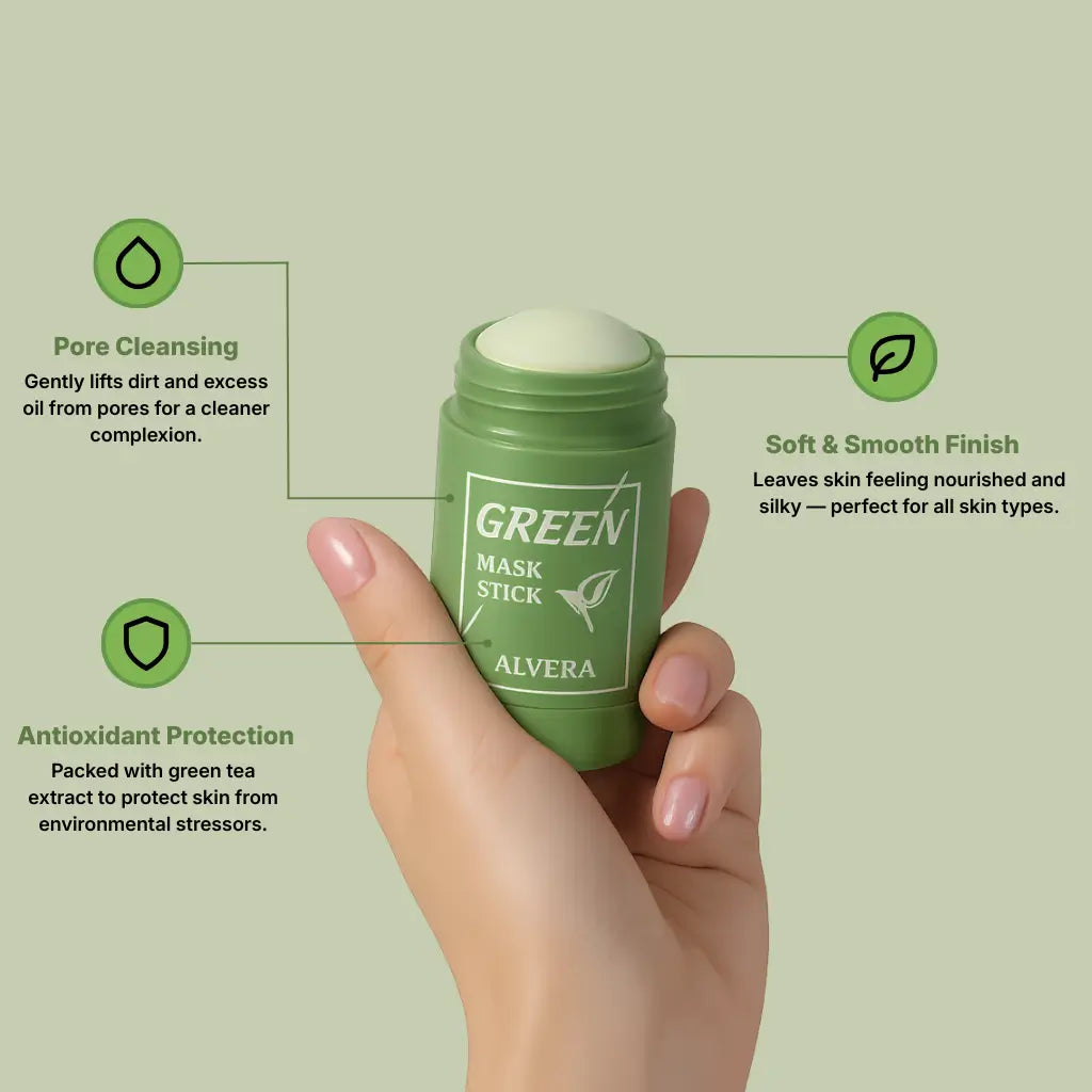 Green mask stick with ALVERA branding held by a hand on a green background