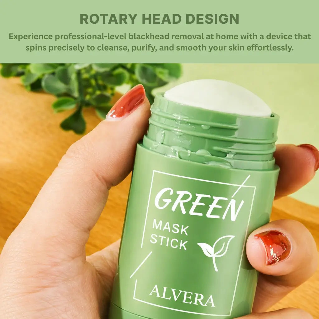 Green mask stick with ALVERA branding held by a hand against a light green background.