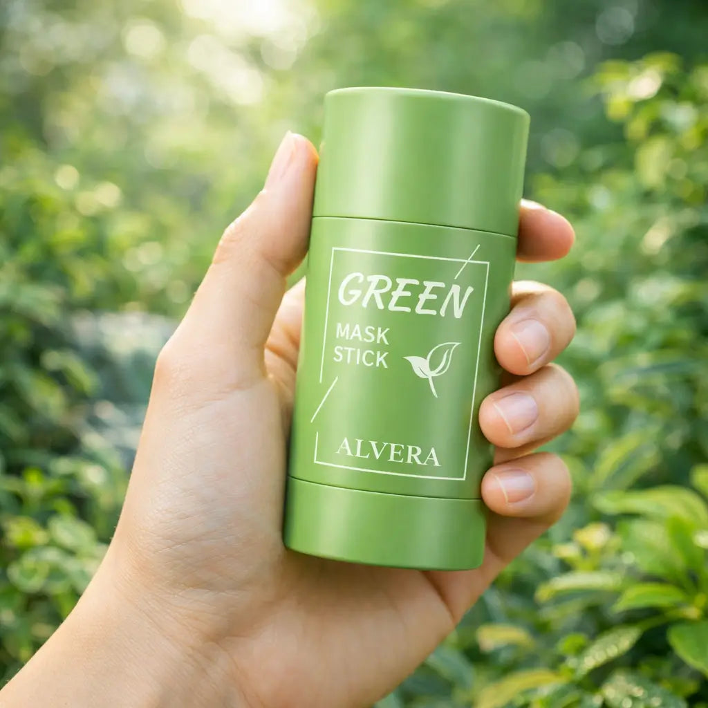 Hand holding a green mask stick container with a natural background